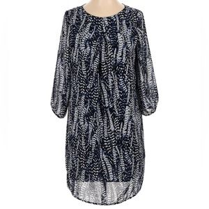 H&M Black Blue & White Career Round Neck Sheer Feather Print Dress Size 6